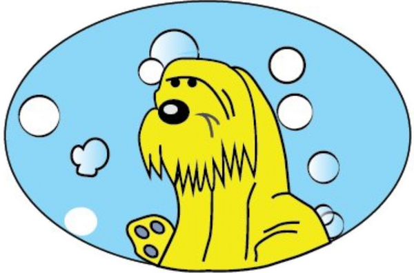 A cartoon-style yellow dog with a shaggy face and tail, centered inside a light blue oval with white bubbles on a white background.